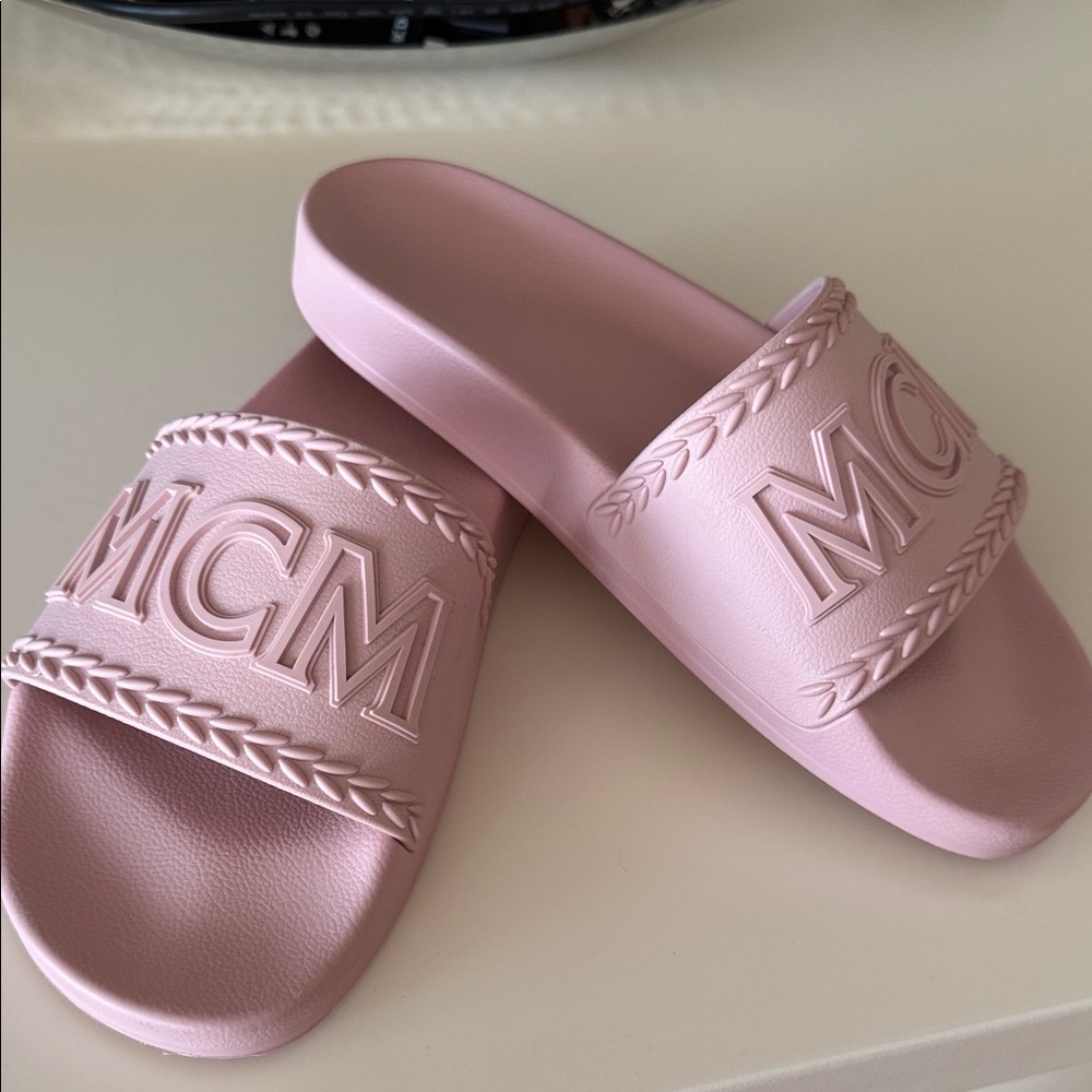 MCM Blush Pink Embossed Slides